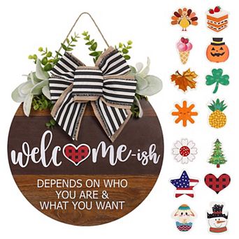 Interchangeable Seasonal Welcome Sign 12" Round Wood Wreath Decor for Home Outdoor