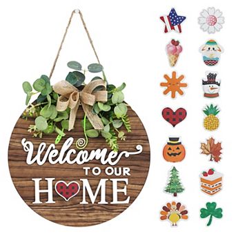Rustic Round Wood Welcome Sign Wreath: Seasonal Decor for Front Door, Outdoor, Farmhouse, Porch