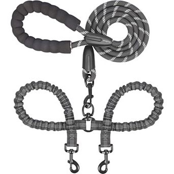 360° Swivel Dual Dog Leash, Shock Absorbing Bungee No Tangle for 25-150 lbs Black