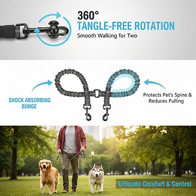 360° Swivel Dual Dog Leash, Shock Absorbing Bungee No Tangle for 25-150 lbs Black