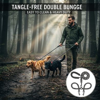 360° Swivel Dual Dog Leash, Shock Absorbing Bungee No Tangle for 25-150 lbs Black