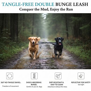 360° Swivel Dual Dog Leash, Shock Absorbing Bungee No Tangle for 25-150 lbs Black
