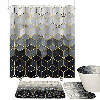 Blue Gradient Geometric Shower Curtain Set with Golden Lines Bathroom Set