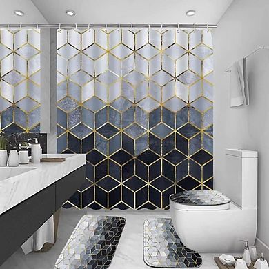 Blue Gradient Geometric Shower Curtain Set with Golden Lines Bathroom Set