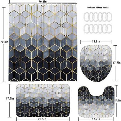 Blue Gradient Geometric Shower Curtain Set with Golden Lines Bathroom Set