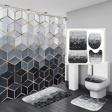 Blue Gradient Geometric Shower Curtain Set with Golden Lines Bathroom Set