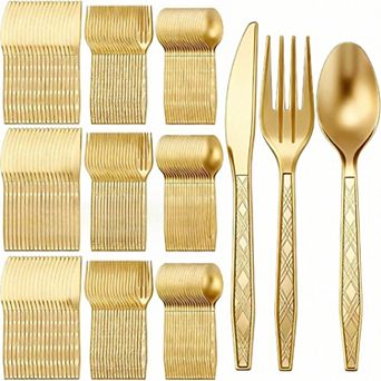 750 pc Disposable Gold Plastic Cutlery Set for Parties and Daily Use