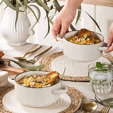 Premium Ceramic Soup Bowls, Embossed Design - Heat Resistant - Microwave & Dishwasher Safe
