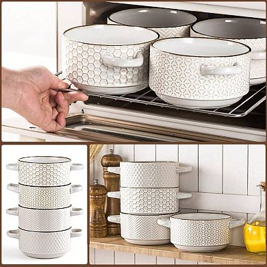 Premium Ceramic Soup Bowls, Embossed Design - Heat Resistant - Microwave & Dishwasher Safe