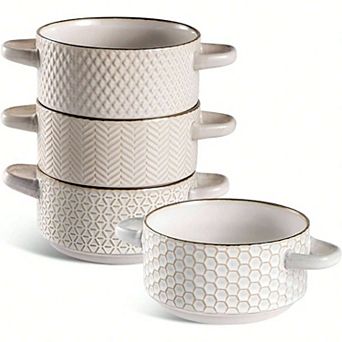 Premium Ceramic Soup Bowls, Embossed Design - Heat Resistant - Microwave & Dishwasher Safe