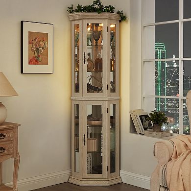 Merax 69.49" LED Lighted Corner Glass Curio Display Cabinet with Adjustable Shelves & Mirrored Back