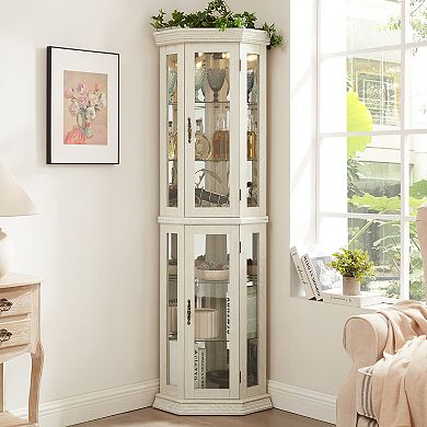 Merax 69.49" LED Lighted Corner Glass Curio Display Cabinet with Adjustable Shelves & Mirrored Back