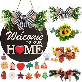 Interchangeable Front Door Welcome Sign: 4 Season Wreaths 14 Icons, Rustic Farmhouse Decor