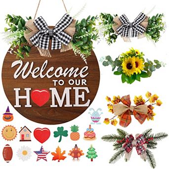 Interchangeable Front Door Welcome Sign: 4 Season Wreaths 14 Icons, Rustic Farmhouse Decor