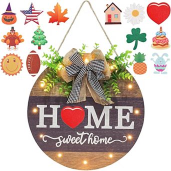 12" Rustic Wooden Welcome Sign with 14 Seasonal Icons 12 LED Lights for Outdoor Front Door Decor