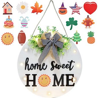 12" Rustic Wooden Welcome Sign with 14 Seasonal Icons 12 LED Lights for Outdoor Front Door Decor