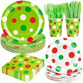 Christmas Tableware Set for 24 Guests Disposable Plates Cups Napkins Forks Knives