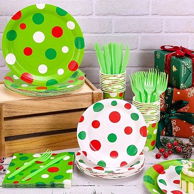 Christmas Tableware Set for 24 Guests Disposable Plates Cups Napkins Forks Knives