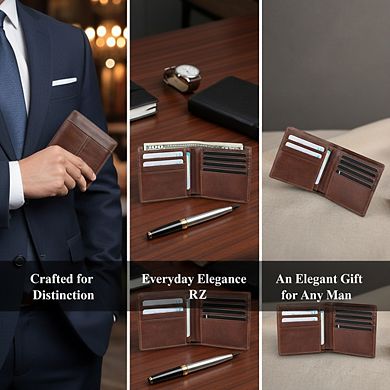 ZUQIETA Men's RFID-Blocking Leather Bifold Wallet - 16 Card Slots & 1 ID Window