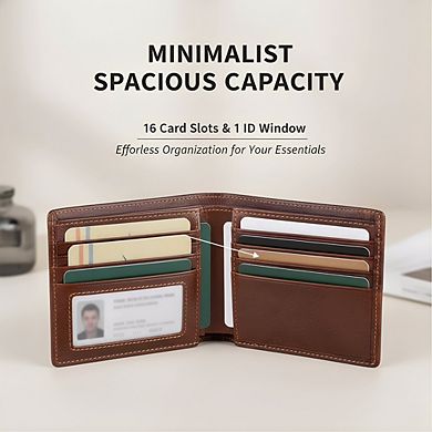 ZUQIETA Men's RFID-Blocking Leather Bifold Wallet - 16 Card Slots & 1 ID Window
