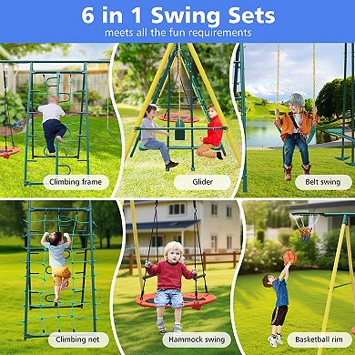 Merax 6 in 1 Swing Set With Climbing Frame, Climbing Net, Glider, Hammock Swing, Belt Swing