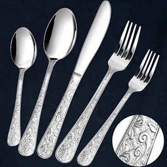 Vintage Floral Carved 30 pc Stainless Steel Flatware Set