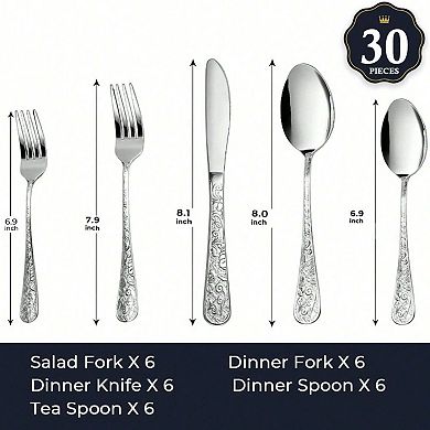 Vintage Floral Carved 30-Piece Stainless Steel Flatware Set