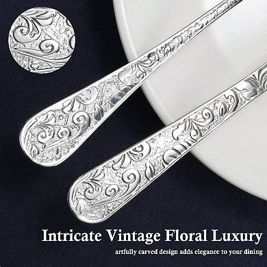 Vintage Floral Carved 30-Piece Stainless Steel Flatware Set