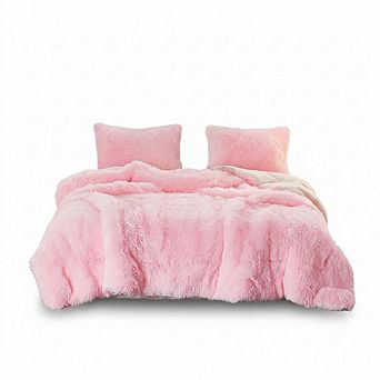 Twin Pink Plush Faux Fur Comforter Set, 3 pc Reversible Sherpa Winter Warm