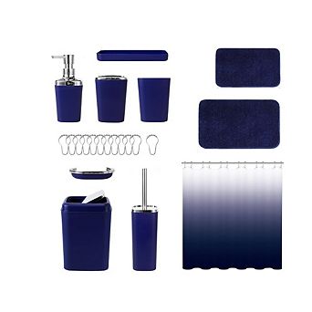 24 pc Navy Blue Bathroom Set with Shower Curtain and Rugs, Blue Bathroom Sets Complete