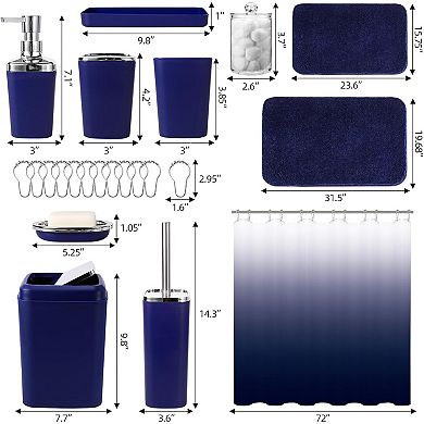 24PC Navy Blue Bathroom Set with Shower Curtain and Rugs, Blue Bathroom Sets Complete