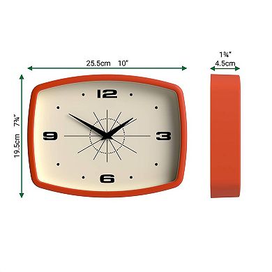 10" Retro Orange Rectangular Wall Clock: Mid-Century Design for Kitchen, Living Room, or Office