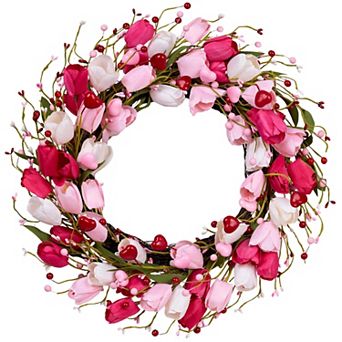 Handmade Pink Tulip Red Berry Valentine Wreath for Front Door, Anniversary Gift