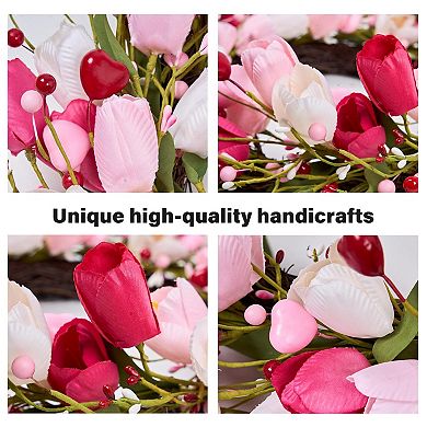 Handmade Pink Tulip Red Berry Valentine Wreath for Front Door, Anniversary Gift