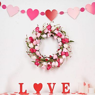 Handmade Pink Tulip Red Berry Valentine Wreath for Front Door, Anniversary Gift