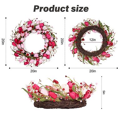 Handmade Pink Tulip Red Berry Valentine Wreath for Front Door, Anniversary Gift