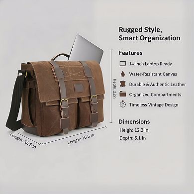 ZUQIETA 14" Waterproof Waxed Canvas Laptop Messenger Bag for Men - Vintage Rugged Shoulder Briefcase