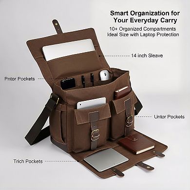 ZUQIETA 14" Waterproof Waxed Canvas Laptop Messenger Bag for Men - Vintage Rugged Shoulder Briefcase