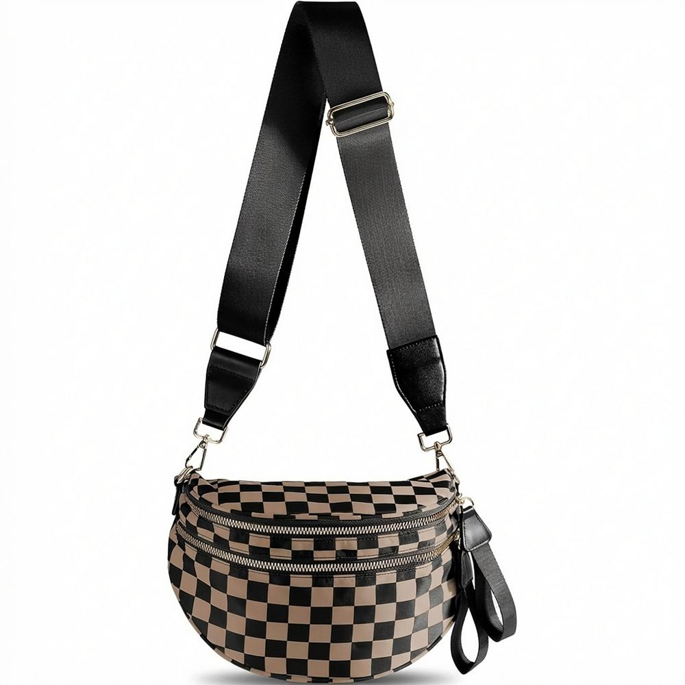 Black White Checkered Crossbody Fanny Pack, Spacious Belt Bag for Women