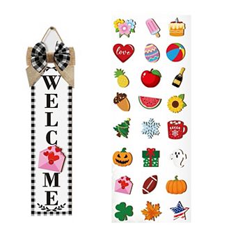Farmhouse Interchangeable Welcome Sign with 24 Seasonal Icons for Front Door Decor