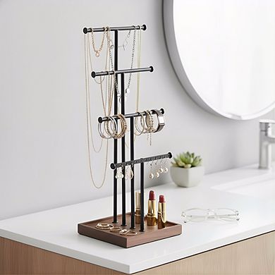 Four-Tier Jewelry Organizer Tree Stand, Necklace Earring Bracelet Holder Walnut/Black
