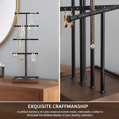 Four-Tier Jewelry Organizer Tree Stand, Necklace Earring Bracelet Holder Walnut/Black