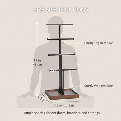 Four-Tier Jewelry Organizer Tree Stand, Necklace Earring Bracelet Holder Walnut/Black