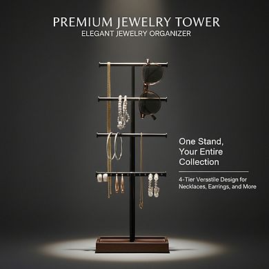 Four-Tier Jewelry Organizer Tree Stand, Necklace Earring Bracelet Holder Walnut/Black