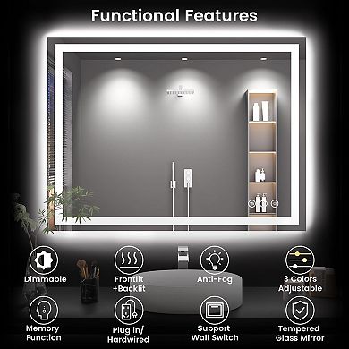40x30 LED Bathroom Mirror with Anti-fog, Backlit Front Lit, Dimmable, 3 Colors, Memory Function