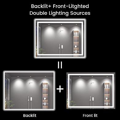 40x30 LED Bathroom Mirror with Anti-fog, Backlit Front Lit, Dimmable, 3 Colors, Memory Function