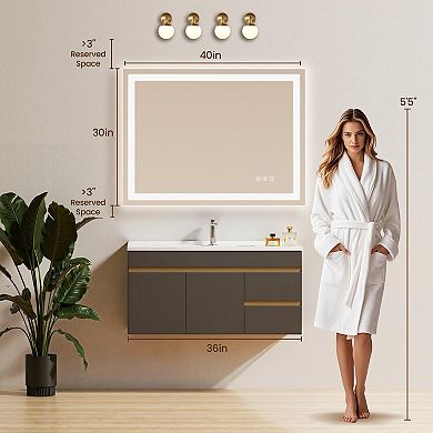 40x30 LED Bathroom Mirror with Anti-fog, Backlit Front Lit, Dimmable, 3 Colors, Memory Function