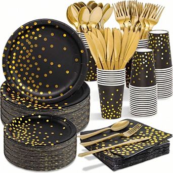 350 pc Disposable Black Gold Party Dinnerware Set for Birthday Anniversary
