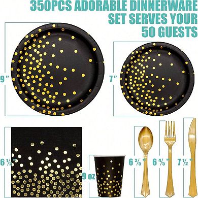 350 PCS Disposable Black Gold Party Dinnerware Set for Birthday Anniversary