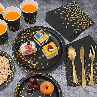 350 PCS Disposable Black Gold Party Dinnerware Set for Birthday Anniversary